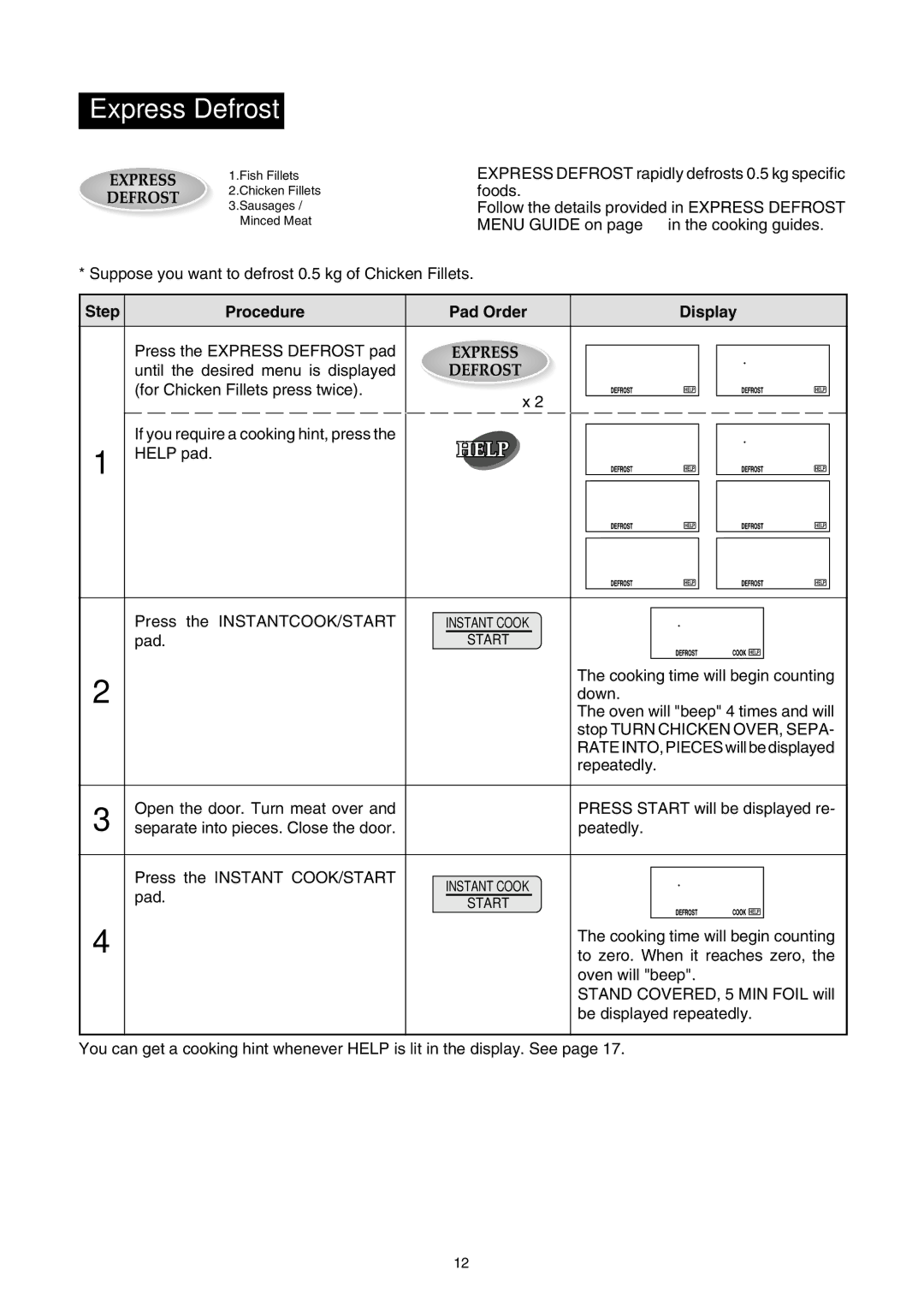 Sharp R-380D manual Express Defrost, I C K E N, L L E T S A R T E C E S 