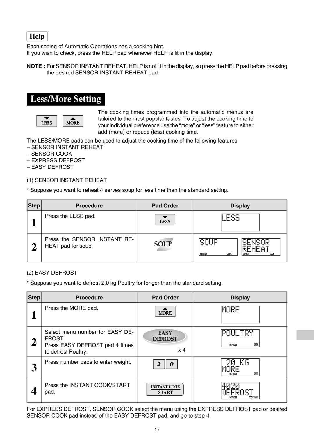 Sharp R-380D Less/More Setting, R E, Step Procedure Pad Order Display Press the Less pad, Press the Sensor Instant RE 