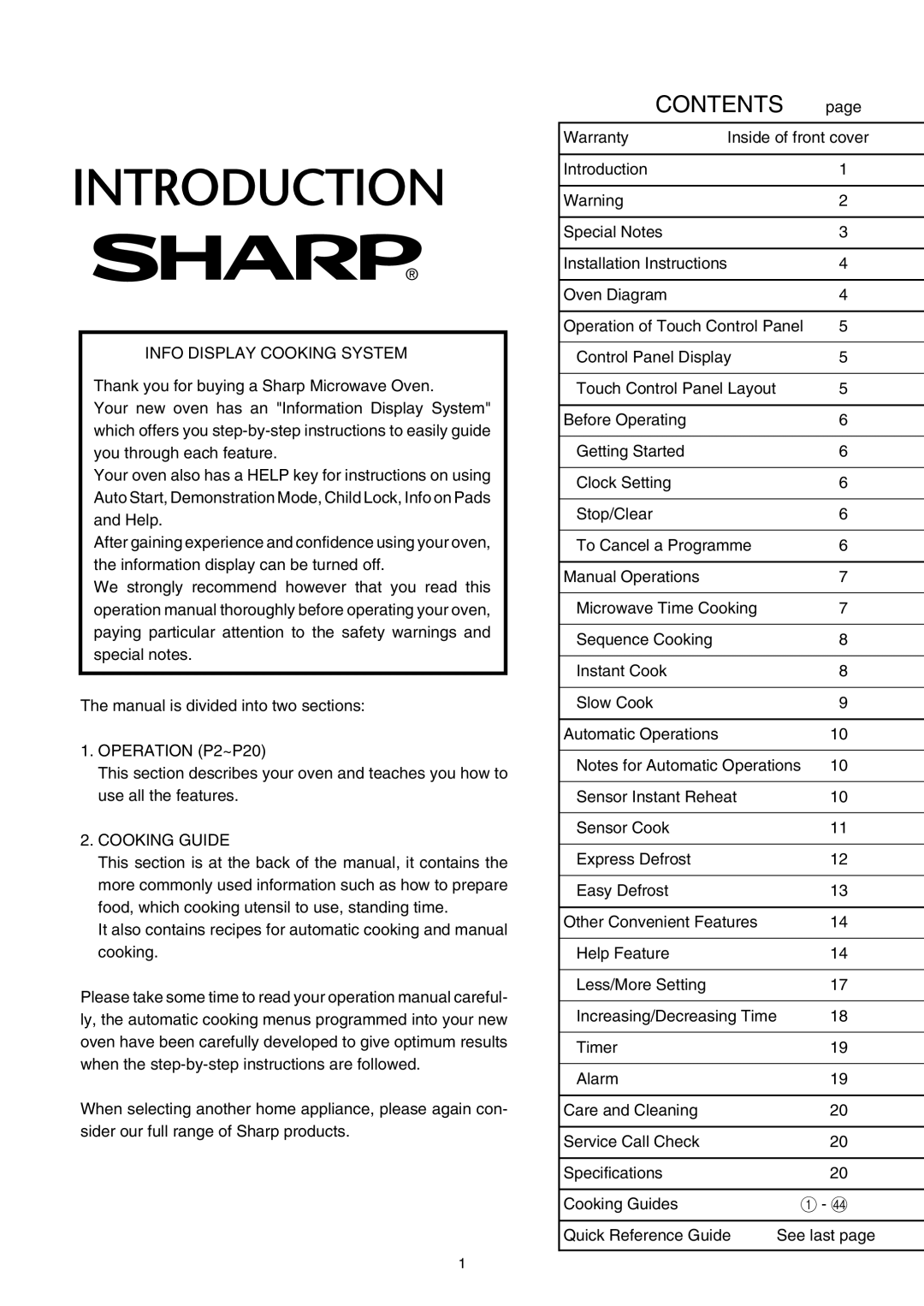 Sharp R-380D manual Contents 