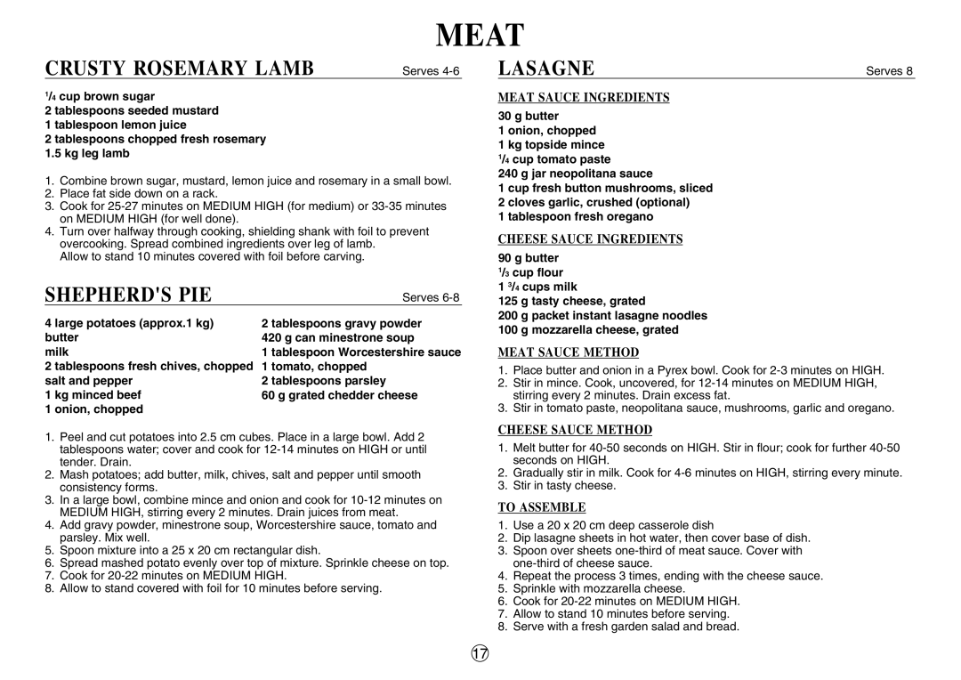 Sharp R-380D manual Crusty Rosemary Lamb, Shepherds PIE, Lasagne, Tablespoon Worcestershire sauce 