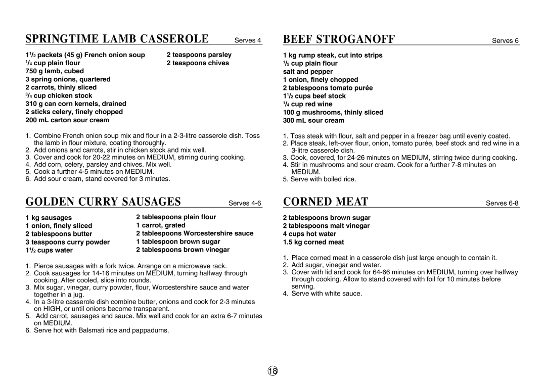 Sharp R-380D manual Springtime Lamb Casserole, Golden Curry Sausages, Beef Stroganoff, Corned Meat 