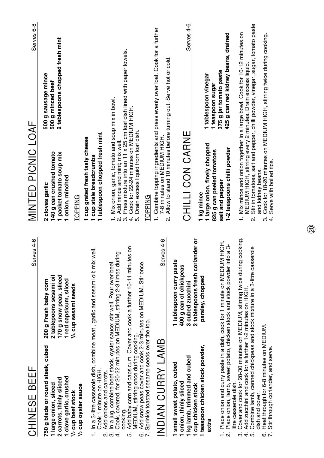 Sharp R-380D manual Chinese Beef, Indian Curry Lamb, Minted Picnic Loaf, Chilli CON Carne 