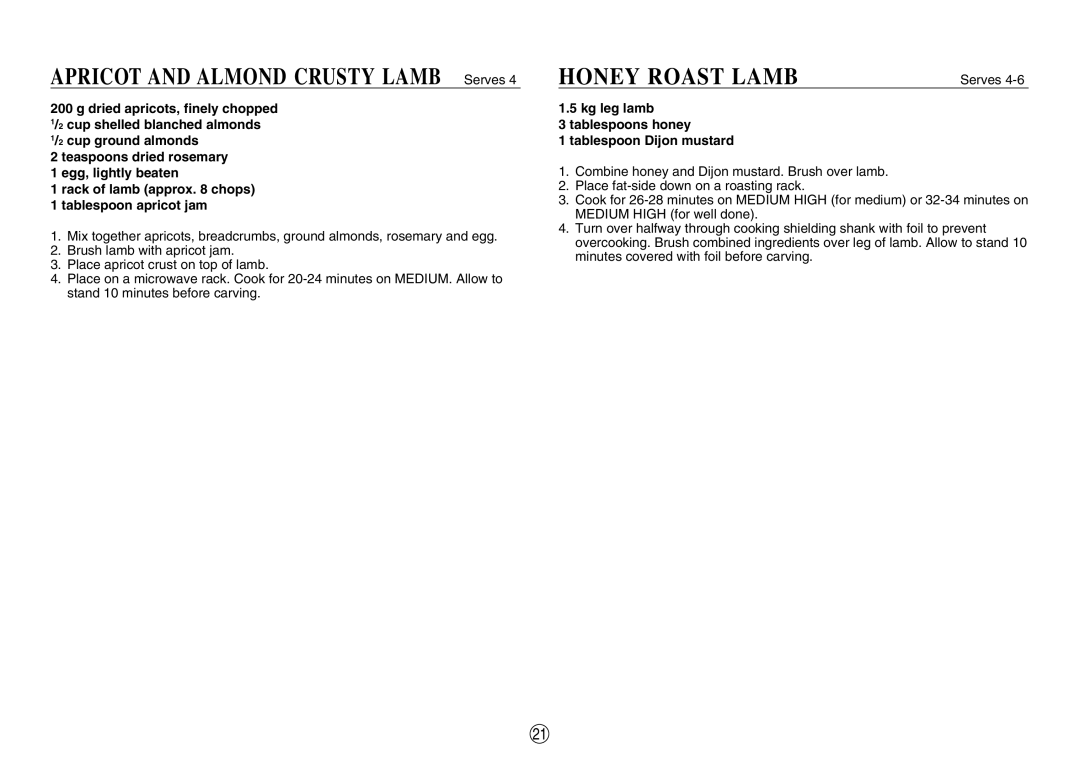 Sharp R-380D manual Honey Roast Lamb, Kg leg lamb Tablespoons honey Tablespoon Dijon mustard 