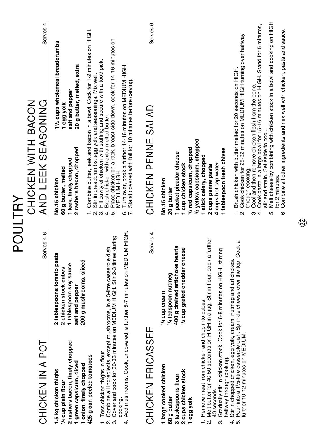 Sharp R-380D manual Chicken in a POT, Chicken Fricassee, Chicken Penne Salad 