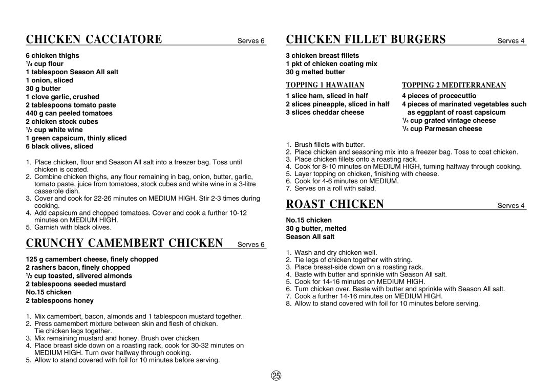 Sharp R-380D manual Chicken Cacciatore, Crunchy Camembert Chicken Serves, Chicken Fillet Burgers, Roast Chicken 