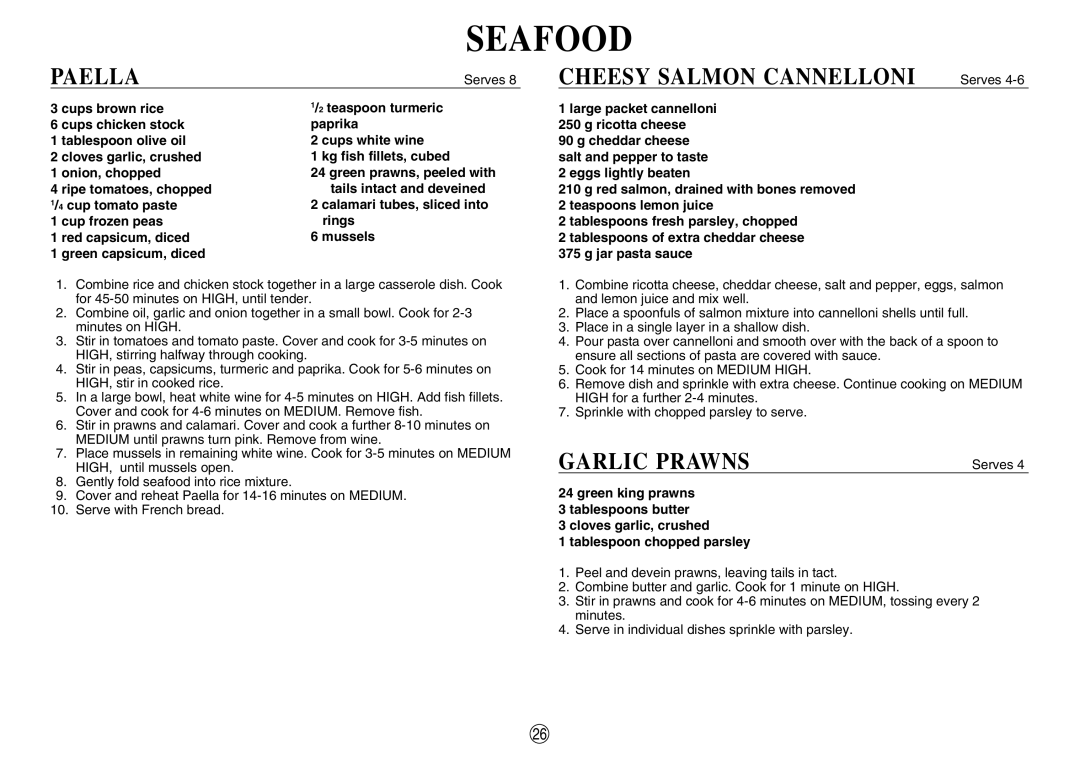 Sharp R-380D manual Paella, Cheesy Salmon Cannelloni Serves, Garlic Prawns 