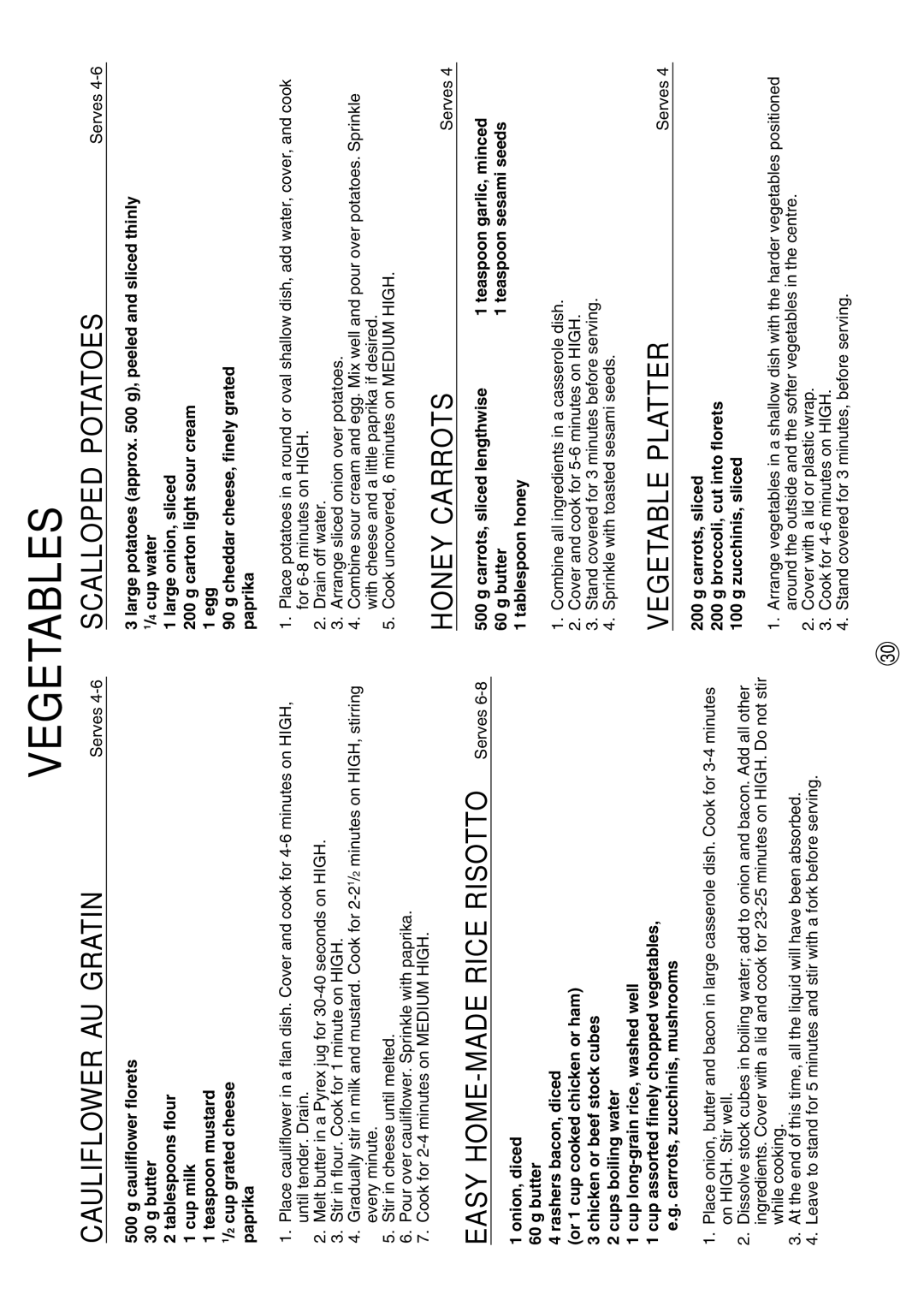 Sharp R-380D manual Cauliflower AU Gratin, Easy HOME-MADE Rice Risotto Serves, Scalloped Potatoes, Honey Carrots 