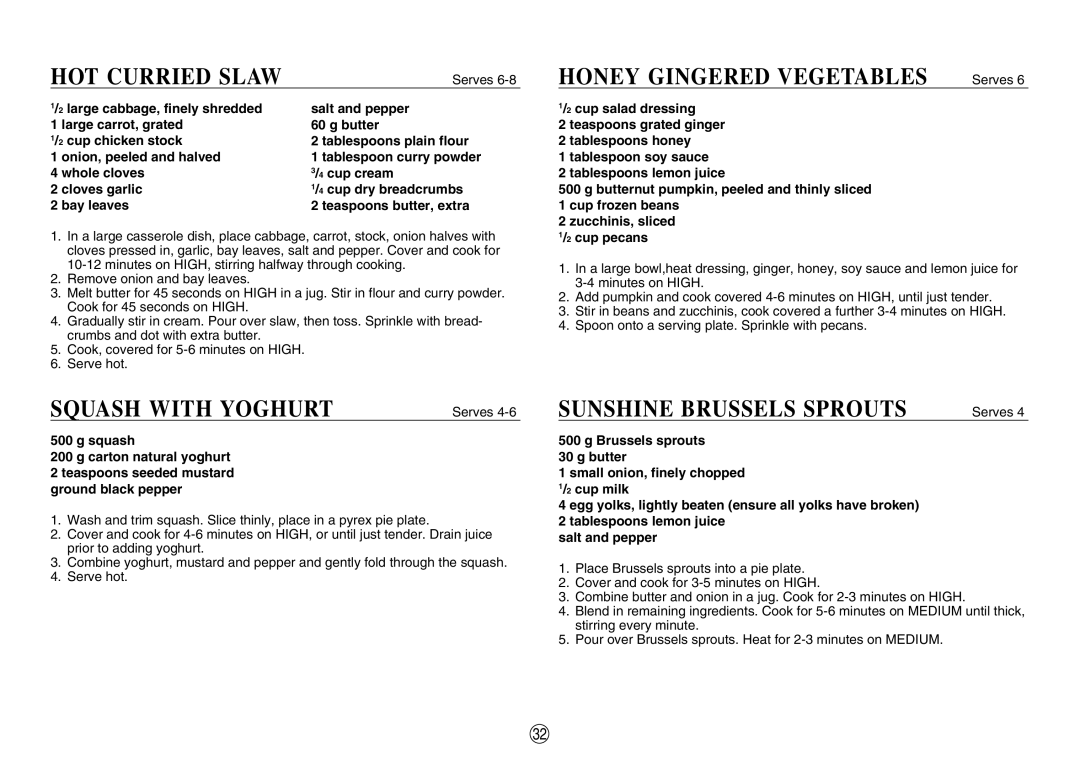 Sharp R-380D manual HOT Curried Slaw, Squash with Yoghurt, Honey Gingered Vegetables Serves, Sunshine Brussels Sprouts 