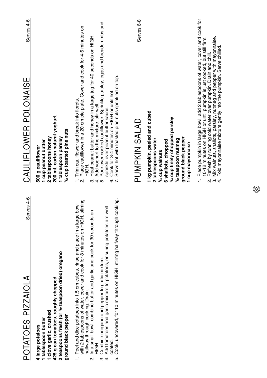 Sharp R-380D manual Potatoes Pizzaiola, Cauliflower Polonaise, Pumpkin Salad 