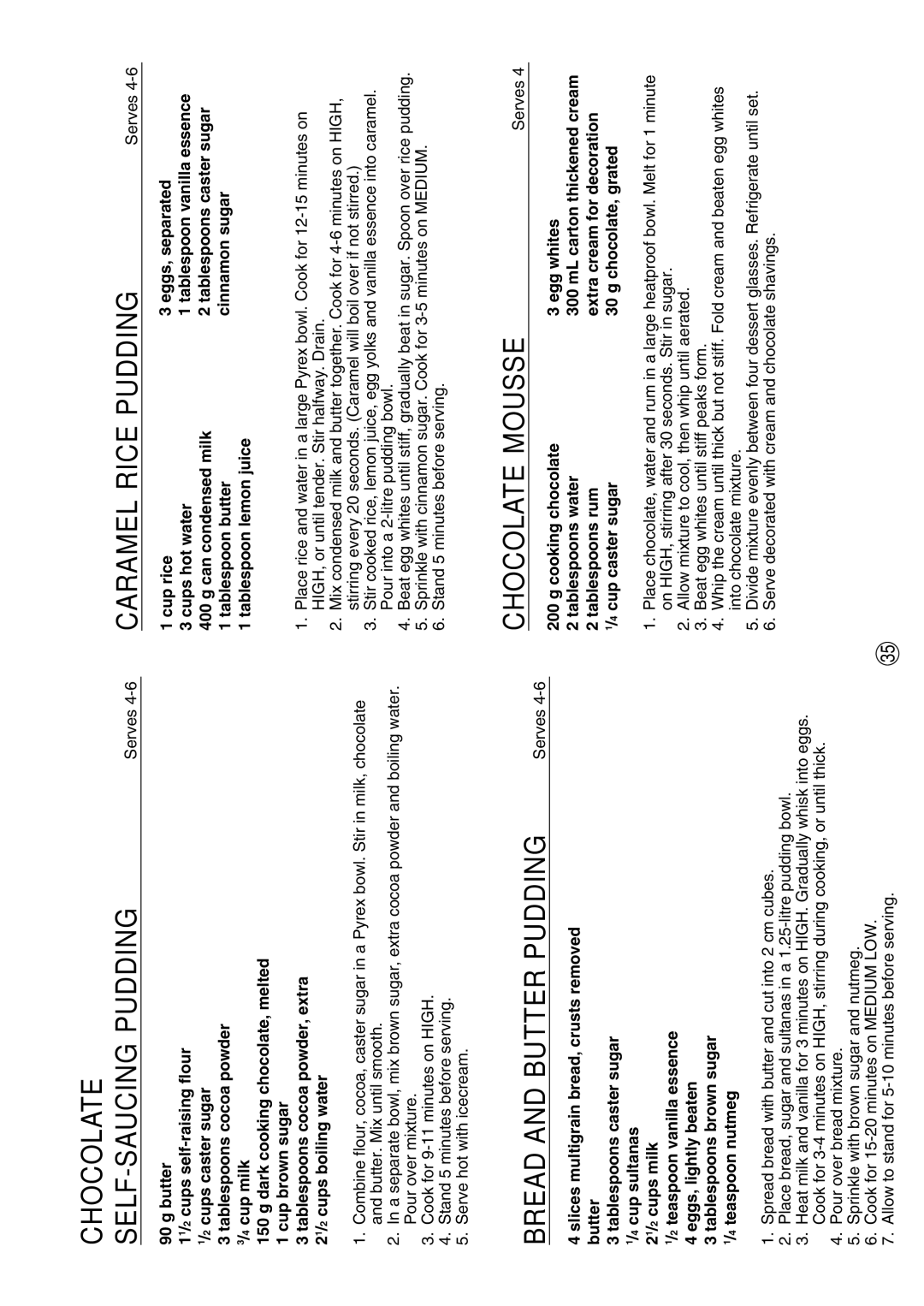 Sharp R-380D manual Chocolate SELF-SAUCING Pudding, Caramel Rice Pudding, Bread and Butter Pudding, Chocolate Mousse 