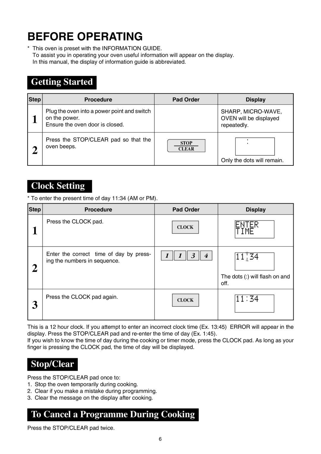 Sharp R-380D manual Before Operating, Getting Started, Clock Setting, Stop/Clear, To Cancel a Programme During Cooking 