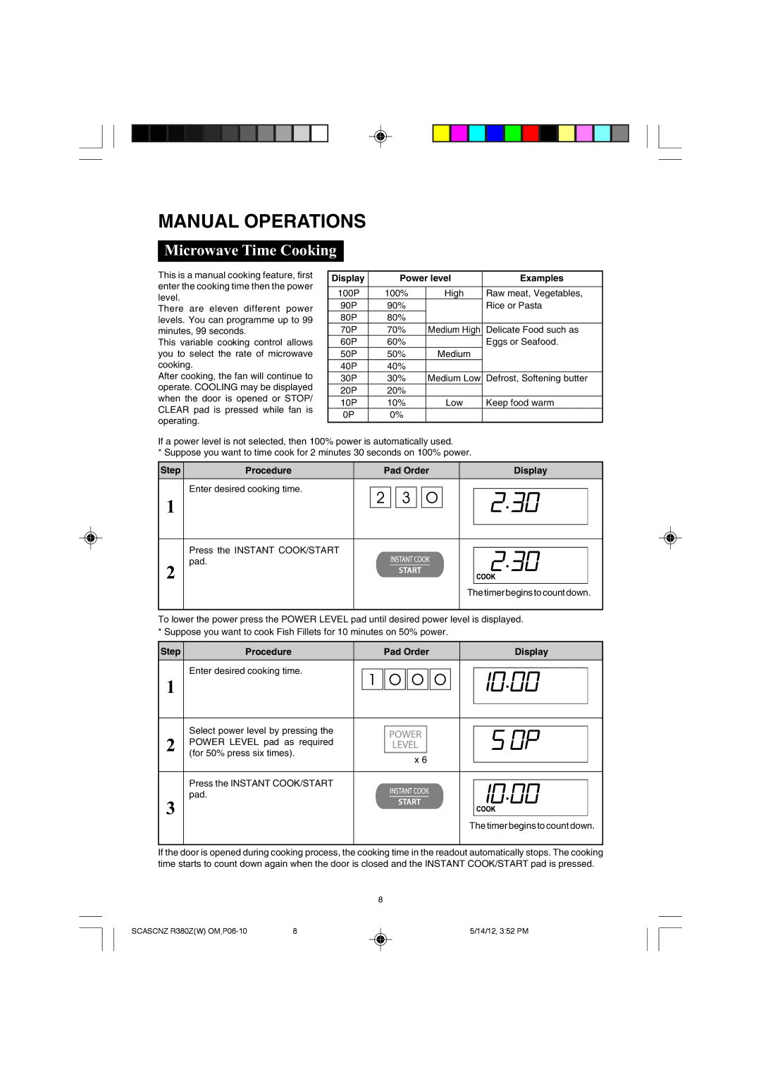 Sharp R-380Z(W) Manual Operations, Microwave Time Cooking, Display Power level Examples, Step Procedure, Pad Order 