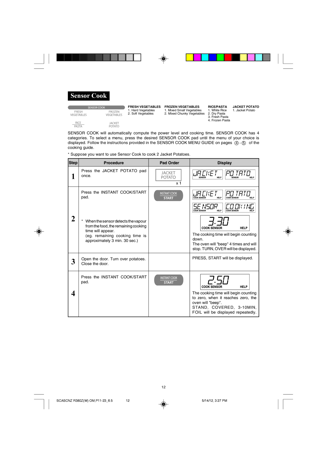 Sharp R-380Z(W) operation manual Sensor Cook, STAND, COVERED, 3-10MIN 