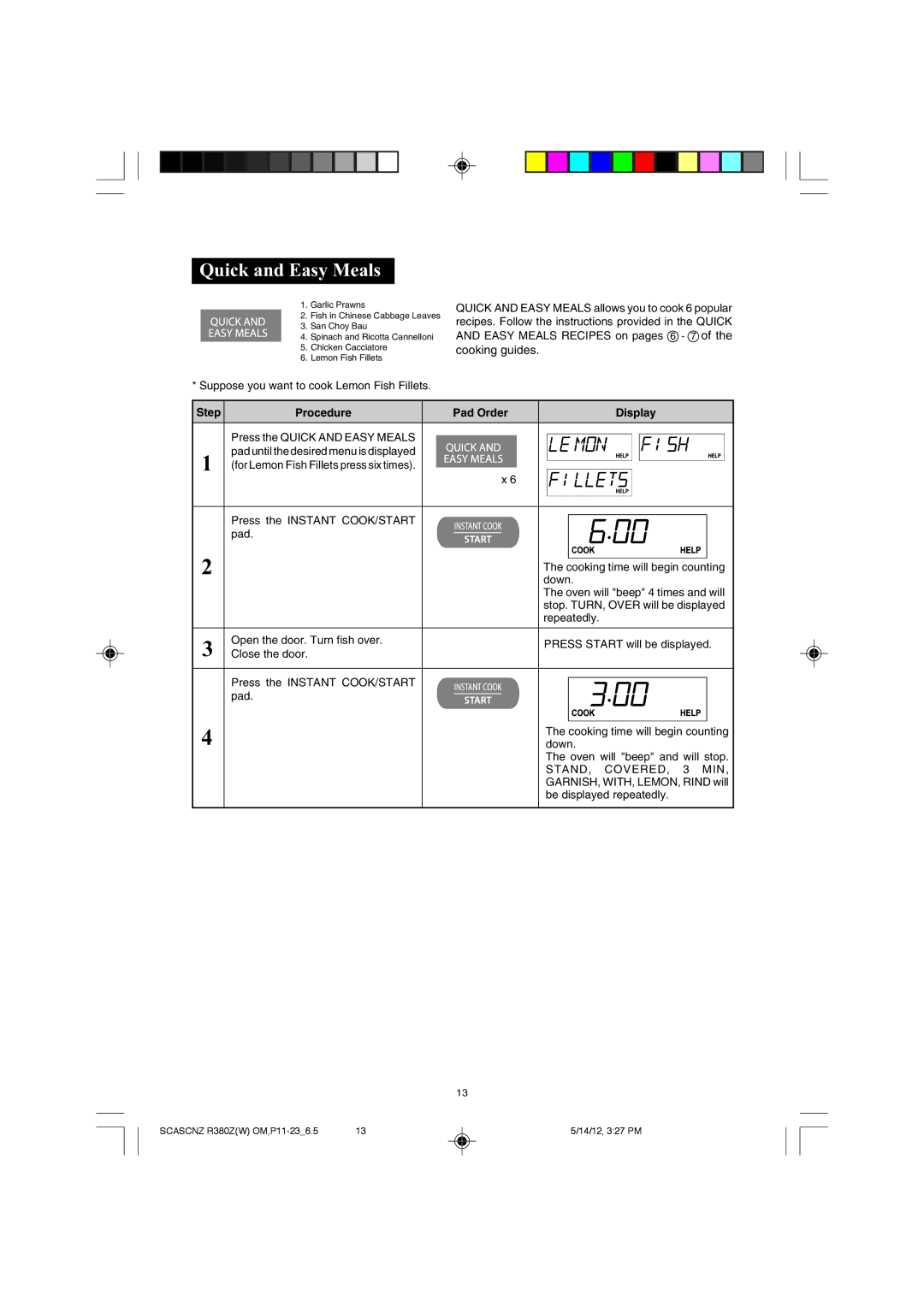 Sharp R-380Z(W) operation manual Quick and Easy Meals, STAND, COVERED, 3 MIN, GARNISH, WITH, LEMON, Rind will 