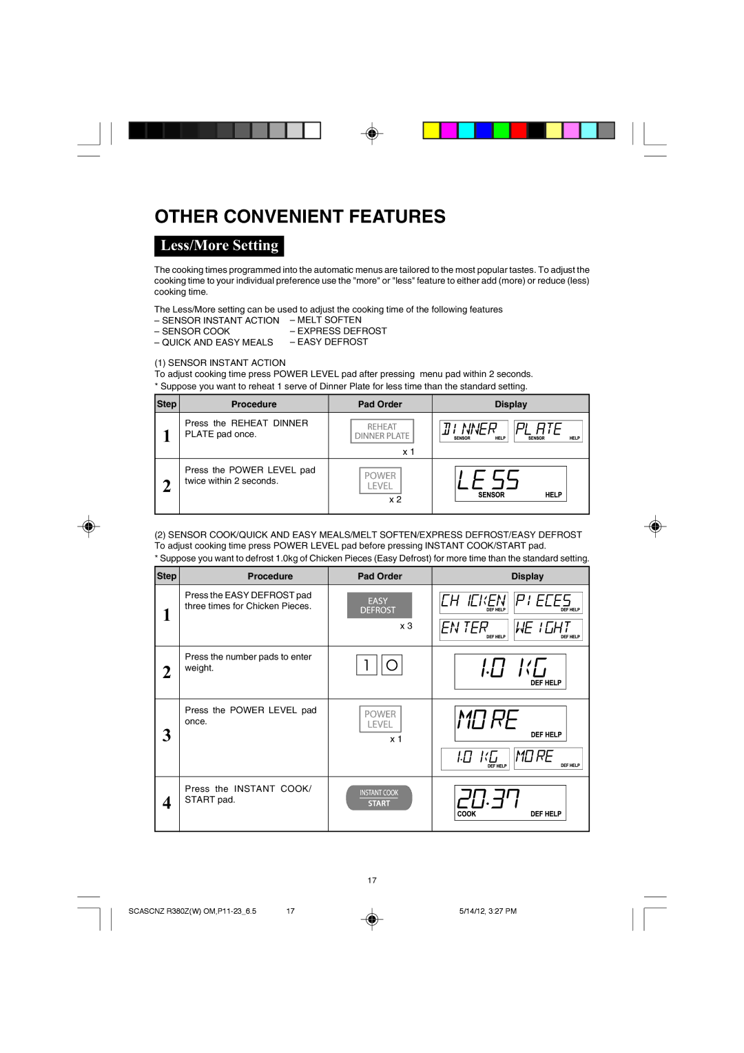 Sharp R-380Z(W) Other Convenient Features, Less/More Setting, Sensor Instant Action Melt Soften Sensor Cook 