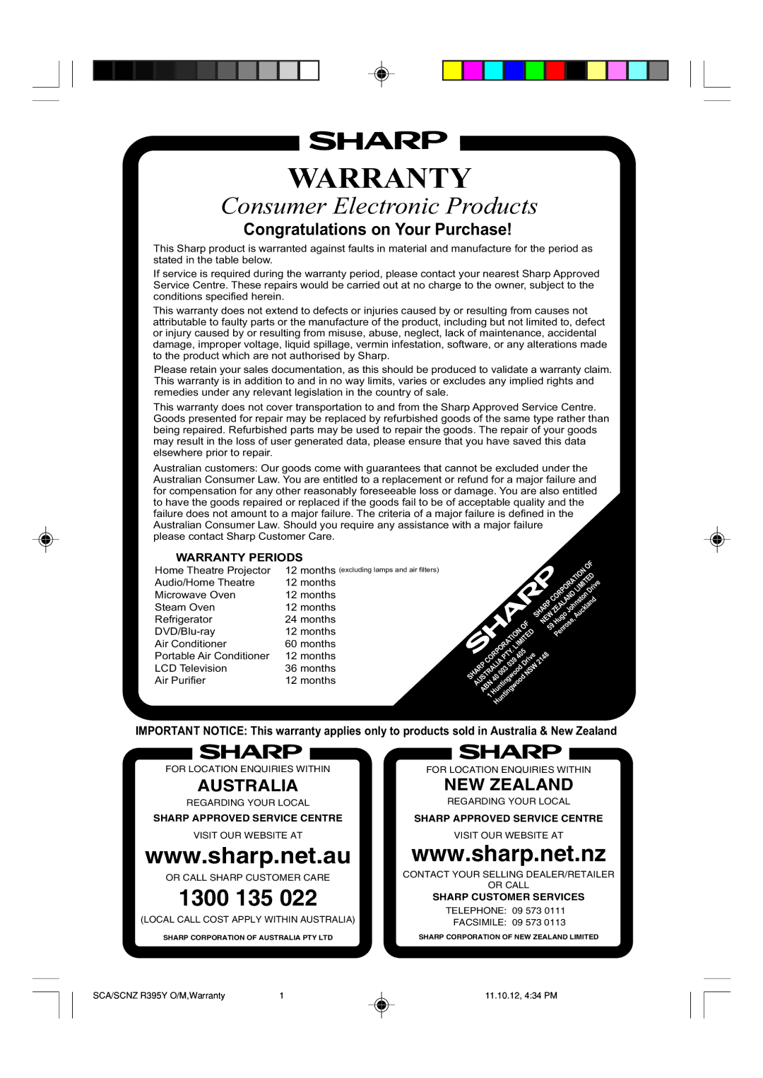 Sharp R-380Z(W) operation manual Warranty, Home Theatre Projector 