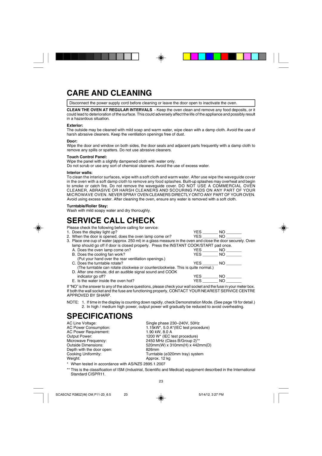 Sharp R-380Z(W) operation manual Care and Cleaning, Service Call Check, Specifications 