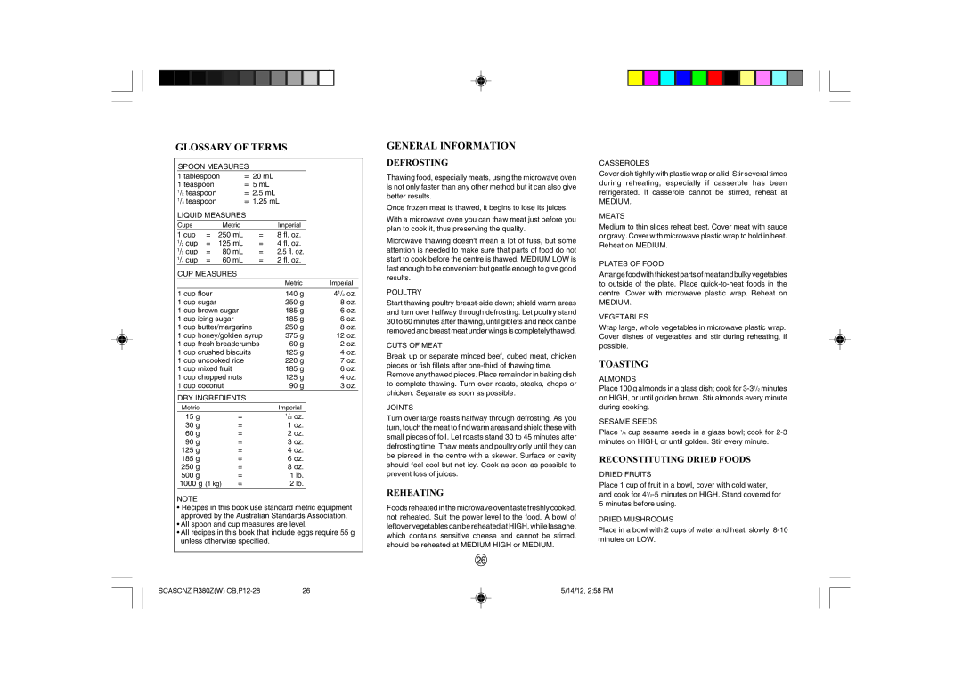 Sharp R-380Z(W) operation manual Glossary of Terms, General Information 