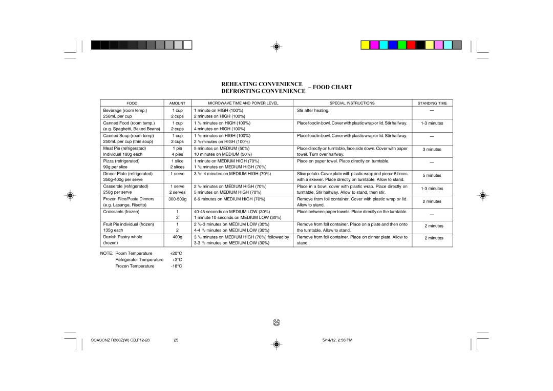 Sharp R-380Z(W) operation manual Reheating Convenience Food Chart Defrosting Convenience 