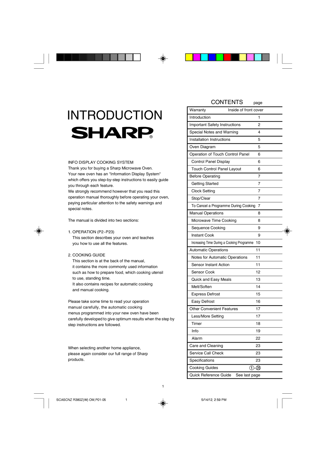 Sharp R-380Z(W) operation manual Introduction 