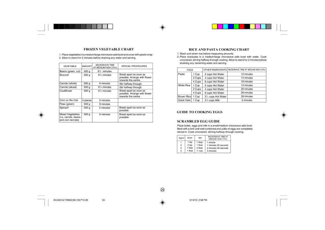 Sharp R-380Z(W) Frozen Vegetable Chart, Rice and Pasta Cooking Chart, Guide to Cooking Eggs Scrambled EGG Guide 