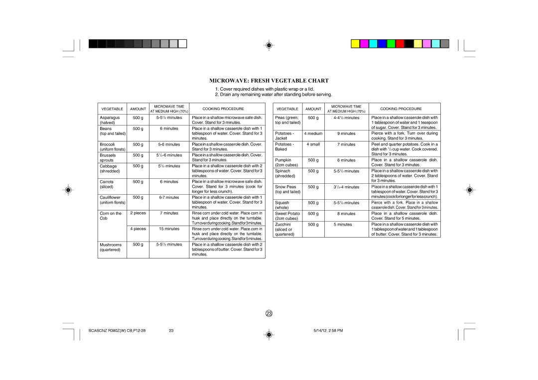 Sharp R-380Z(W) operation manual Microwave Fresh Vegetable Chart 