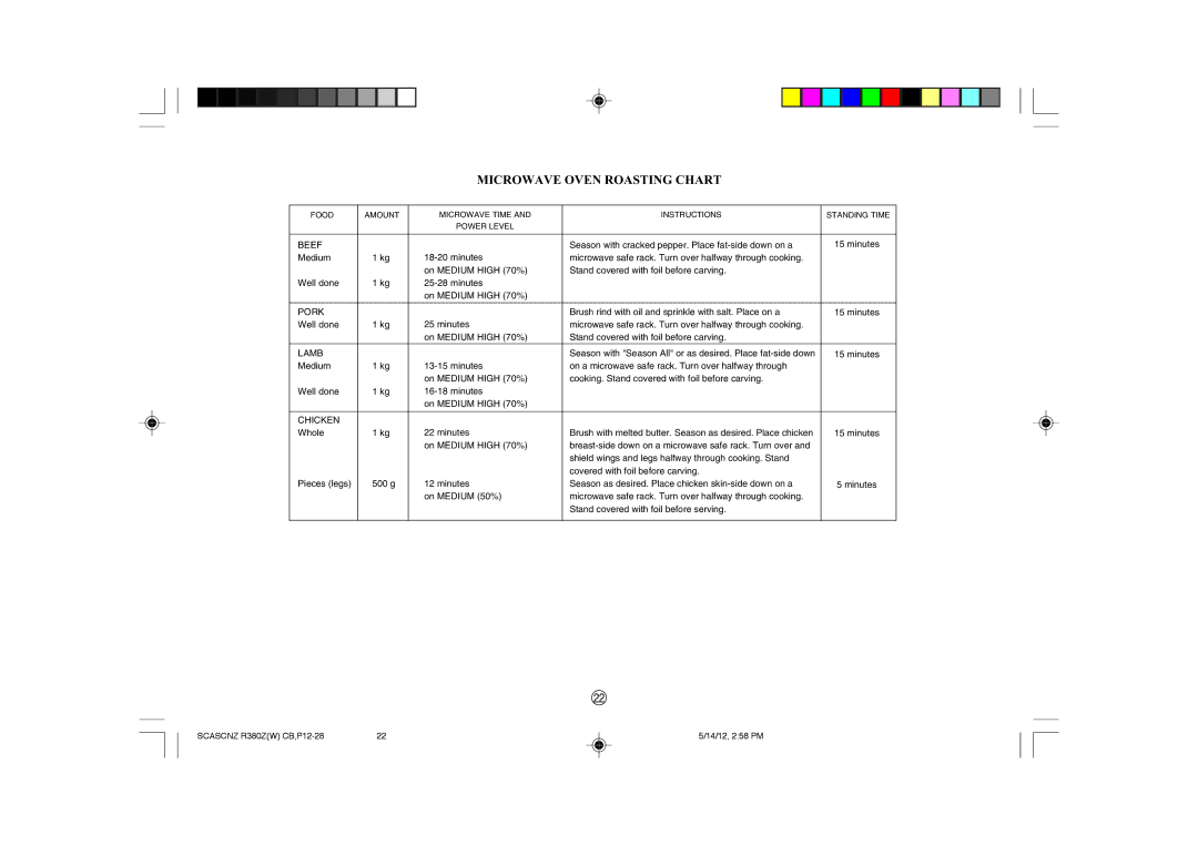 Sharp R-380Z(W) operation manual Microwave Oven Roasting Chart 