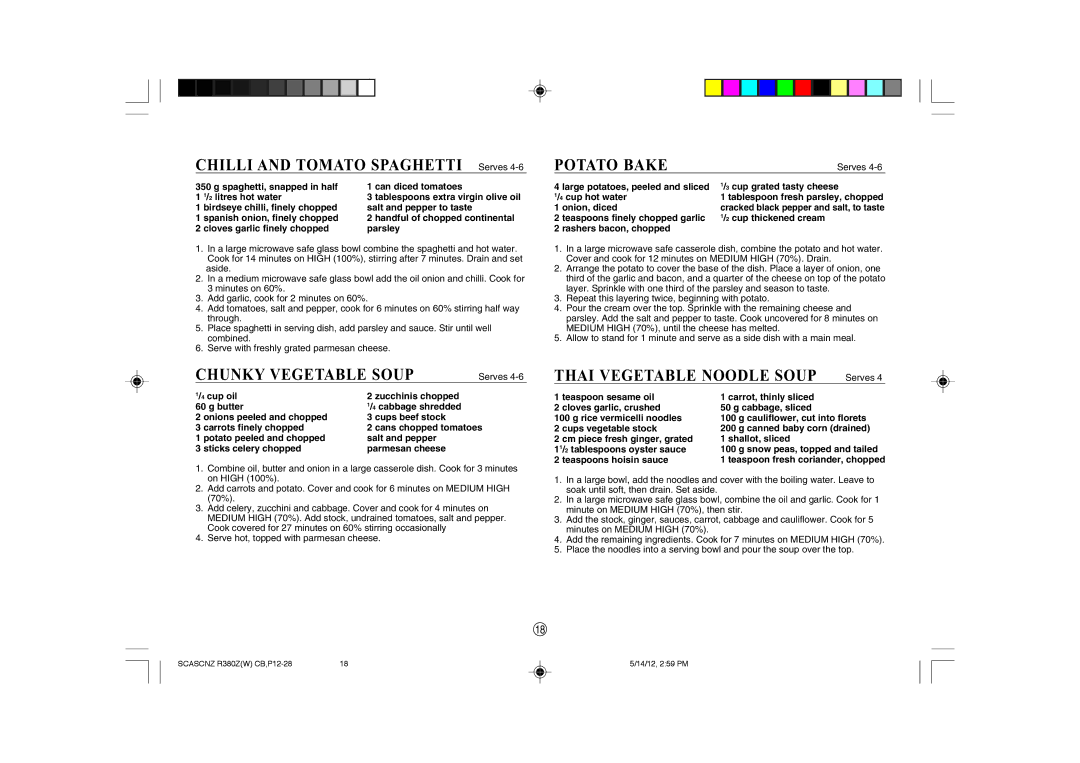 Sharp R-380Z(W) operation manual Chunky Vegetable Soup, Potato Bake, Thai Vegetable Noodle Soup 