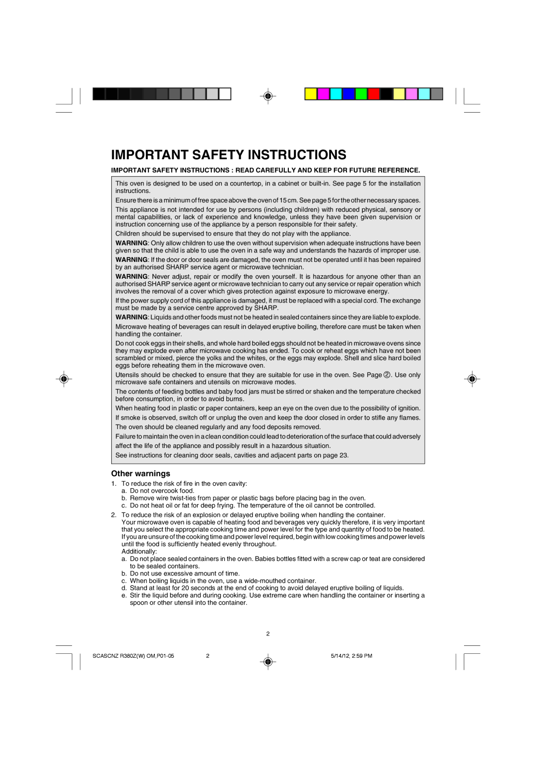 Sharp R-380Z(W) operation manual Important Safety Instructions, Other warnings 