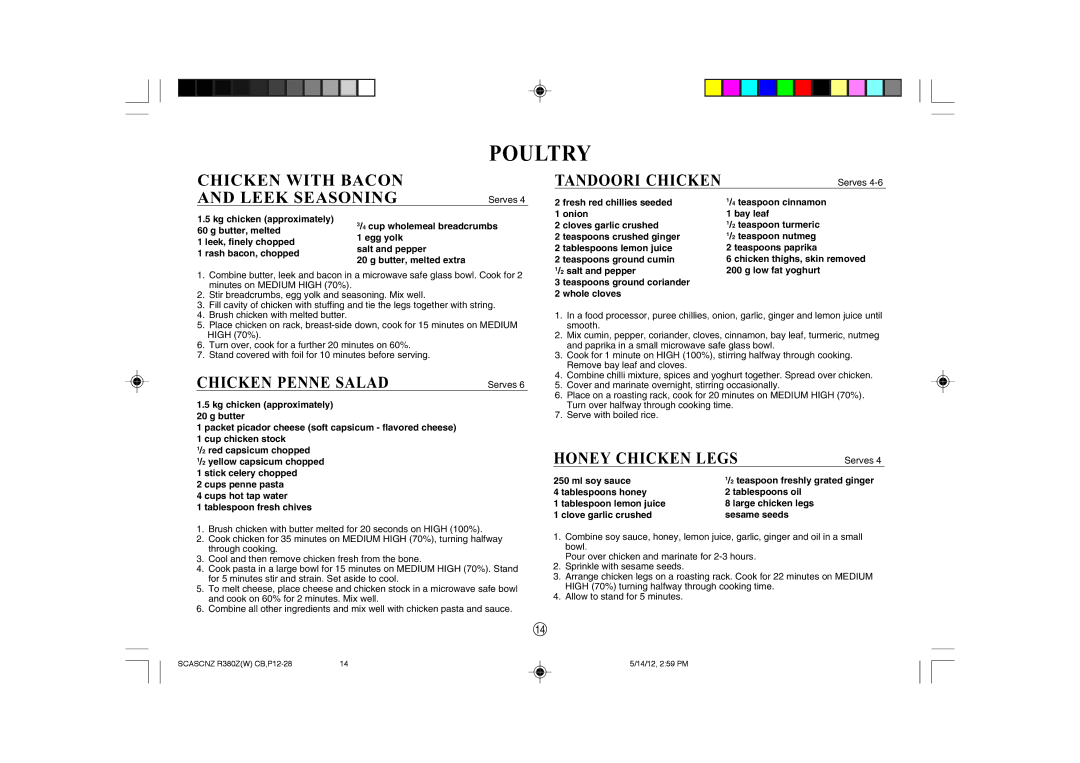 Sharp R-380Z(W) operation manual Chicken Penne Salad, Tandoori Chicken, Honey Chicken Legs 