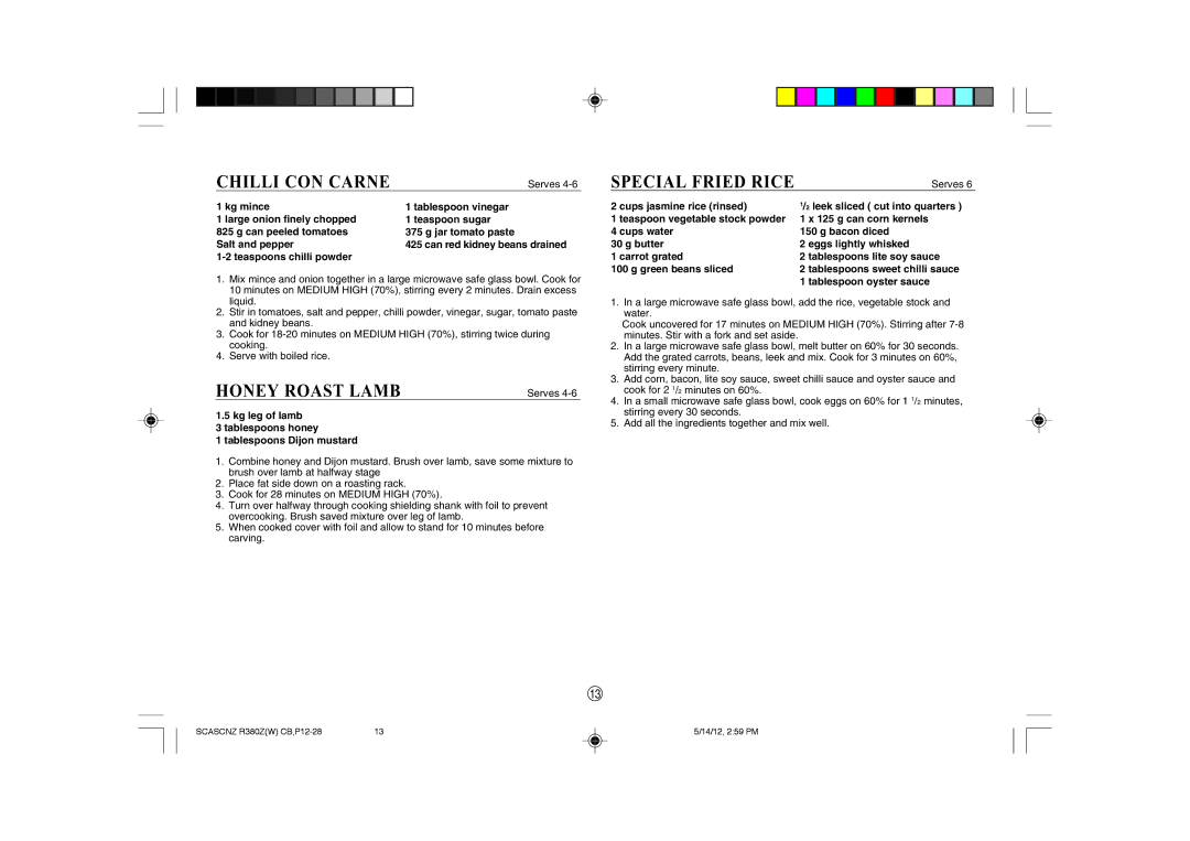 Sharp R-380Z(W) operation manual Chilli CON Carne, Honey Roast Lamb, Special Fried Rice, Teaspoons chilli powder 