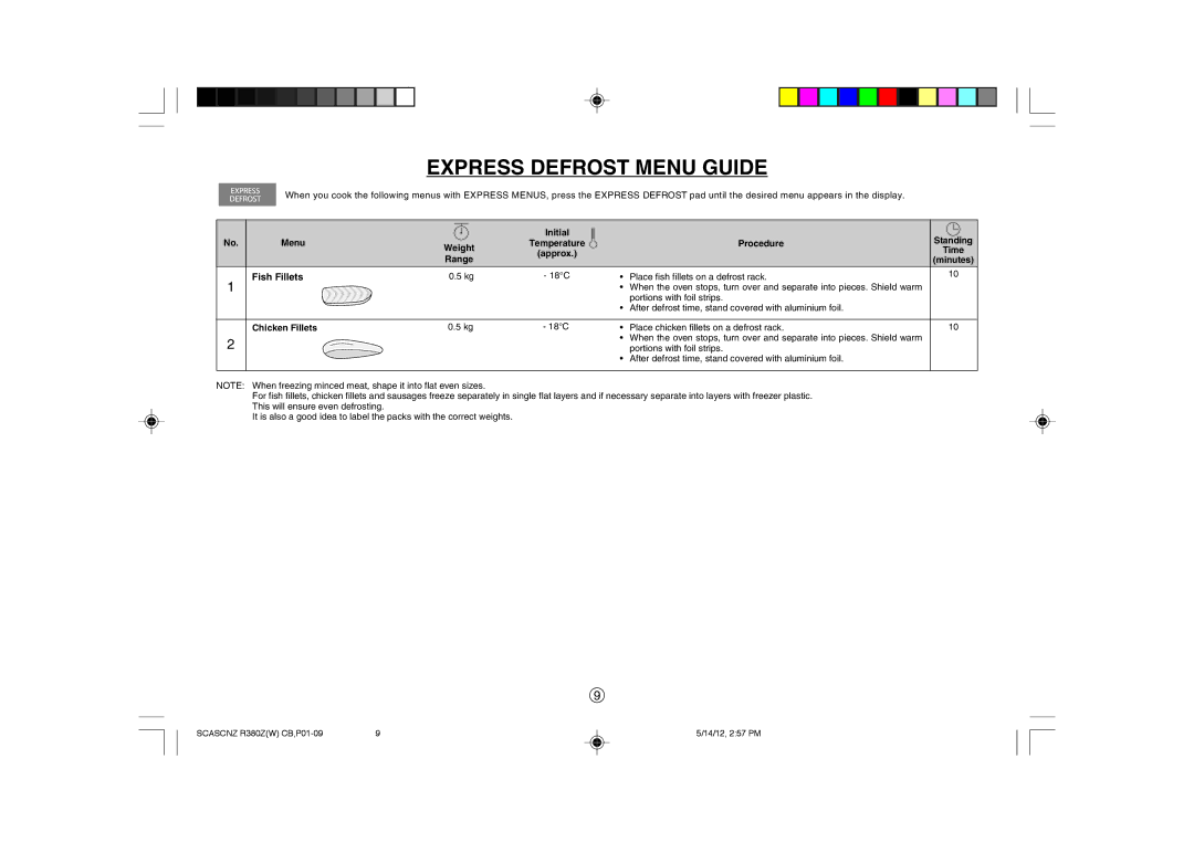 Sharp R-380Z(W) operation manual Express Defrost Menu Guide, Menu Initial Standing Weight, Range, Chicken Fillets 