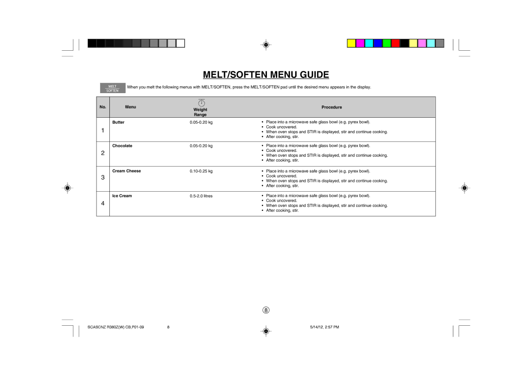 Sharp R-380Z(W) MELT/SOFTEN Menu Guide, Menu Procedure Weight Range Butter, Chocolate, Cream Cheese, Ice Cream 