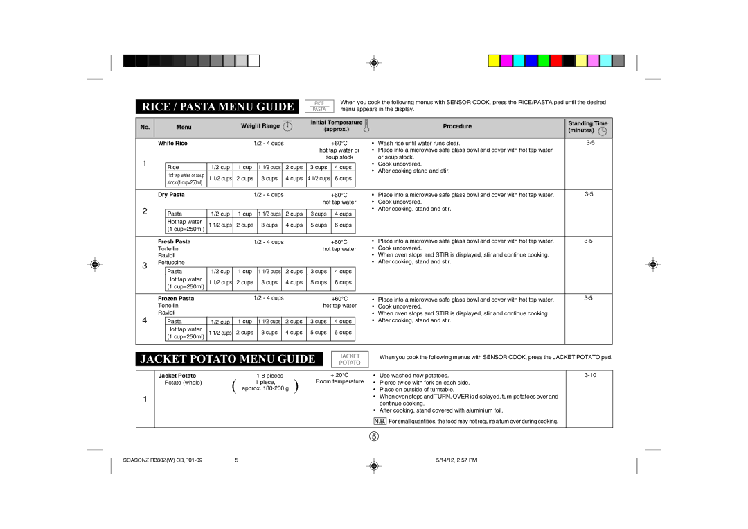 Sharp R-380Z(W) operation manual Dry Pasta, Fresh Pasta, Frozen Pasta, Jacket Potato 