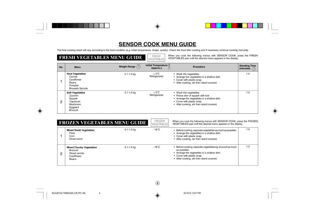 Sharp R-380Z(W) operation manual Sensor Cook Menu Guide 