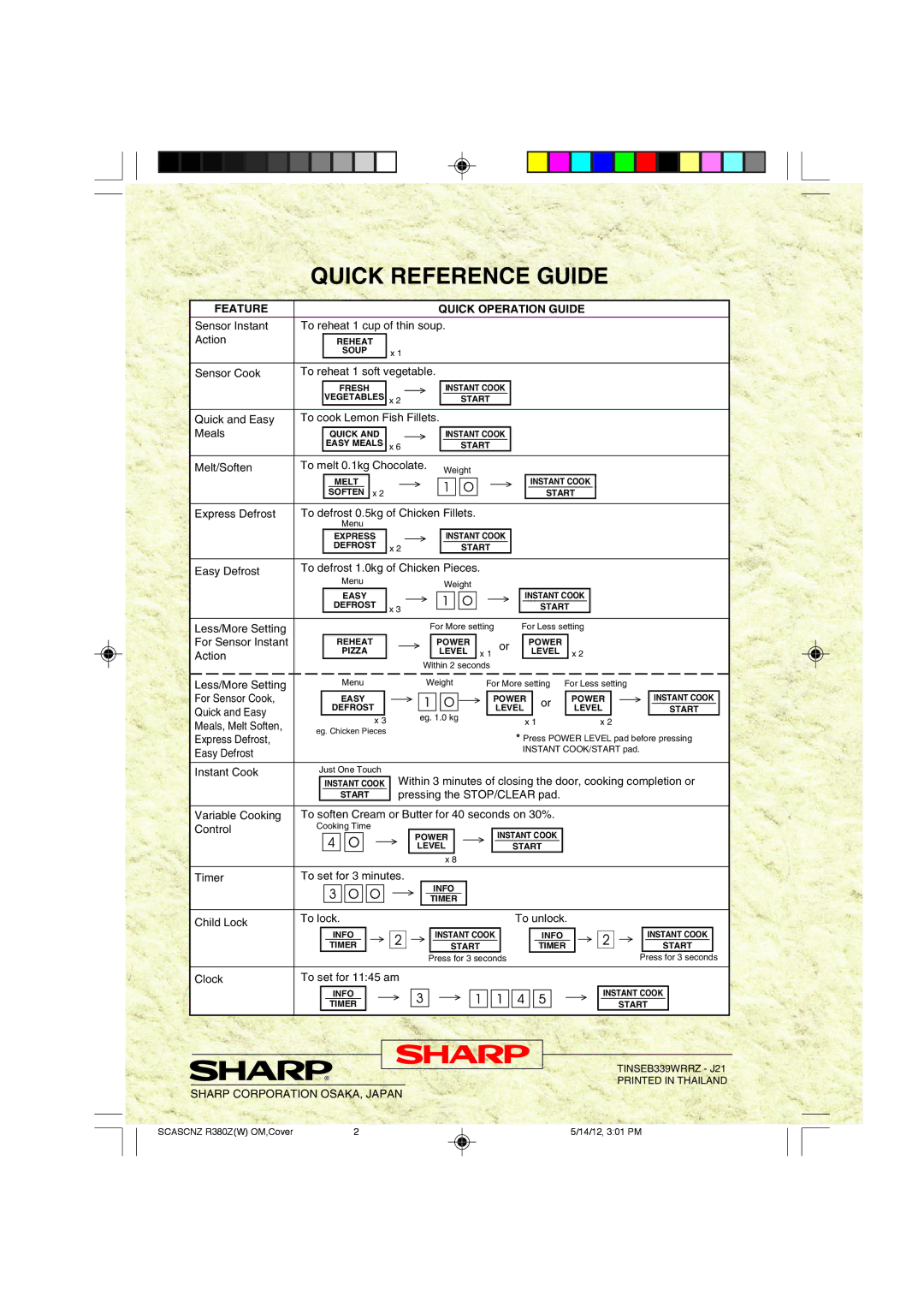 Sharp R-380Z(W) operation manual Quick Reference Guide 