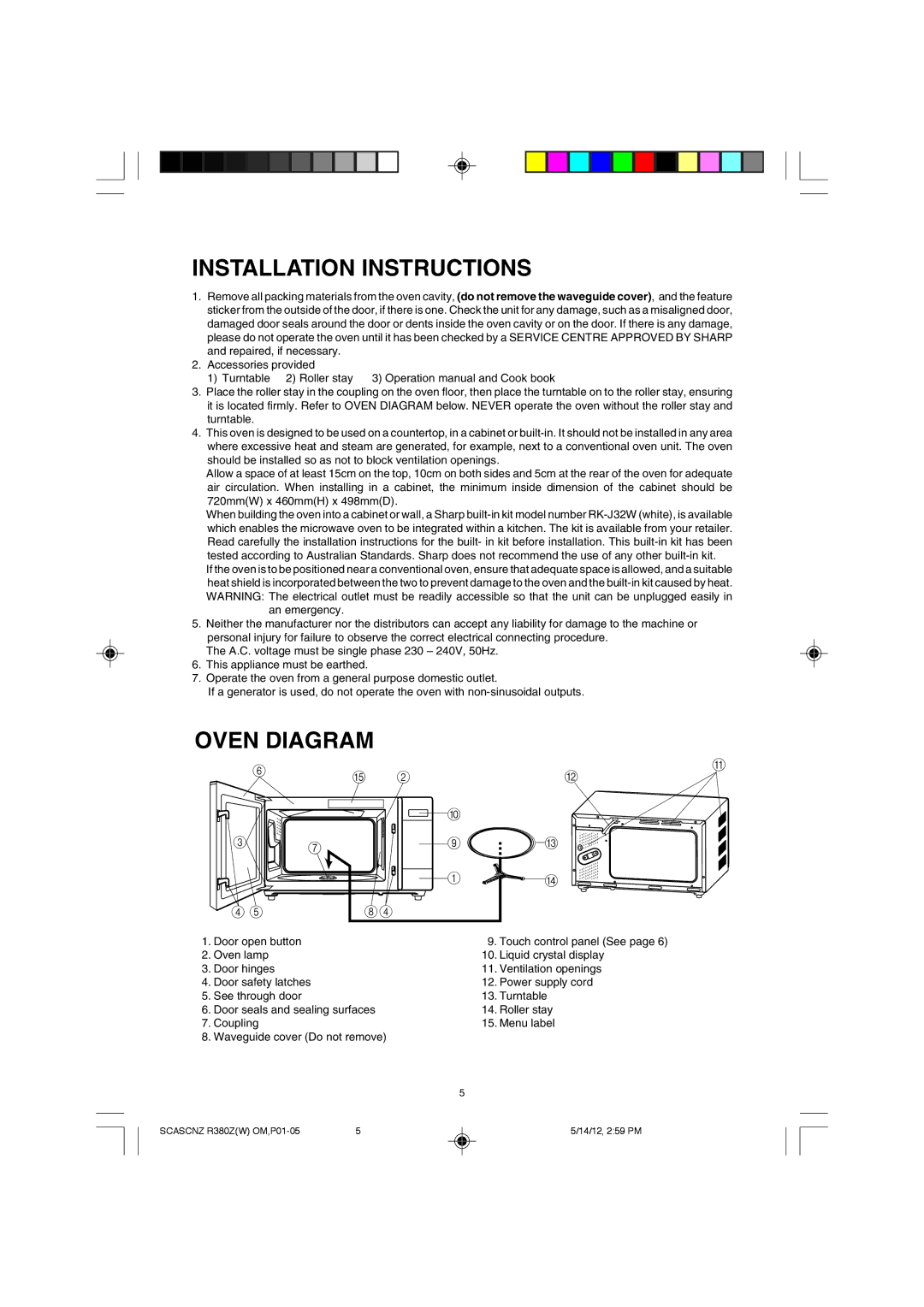 Sharp R-380Z(W) operation manual Installation Instructions, Oven Diagram 