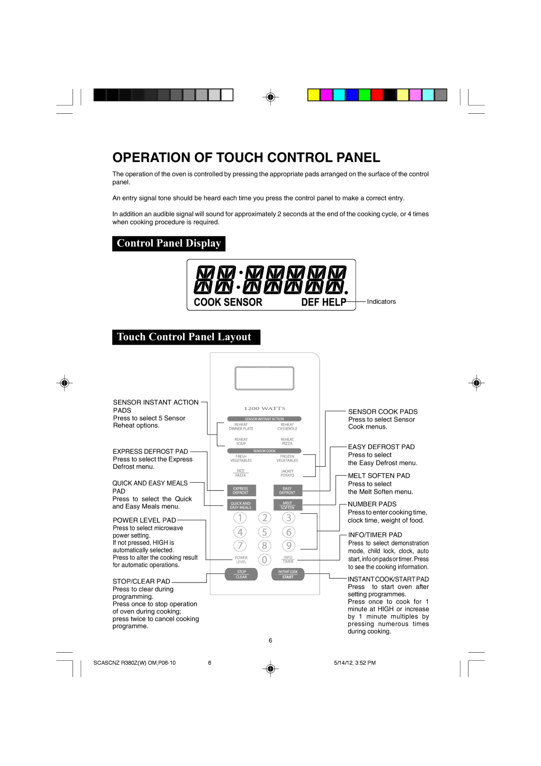 Sharp R-380Z(W) operation manual Operation of Touch Control Panel, Control Panel Display, Touch Control Panel Layout 