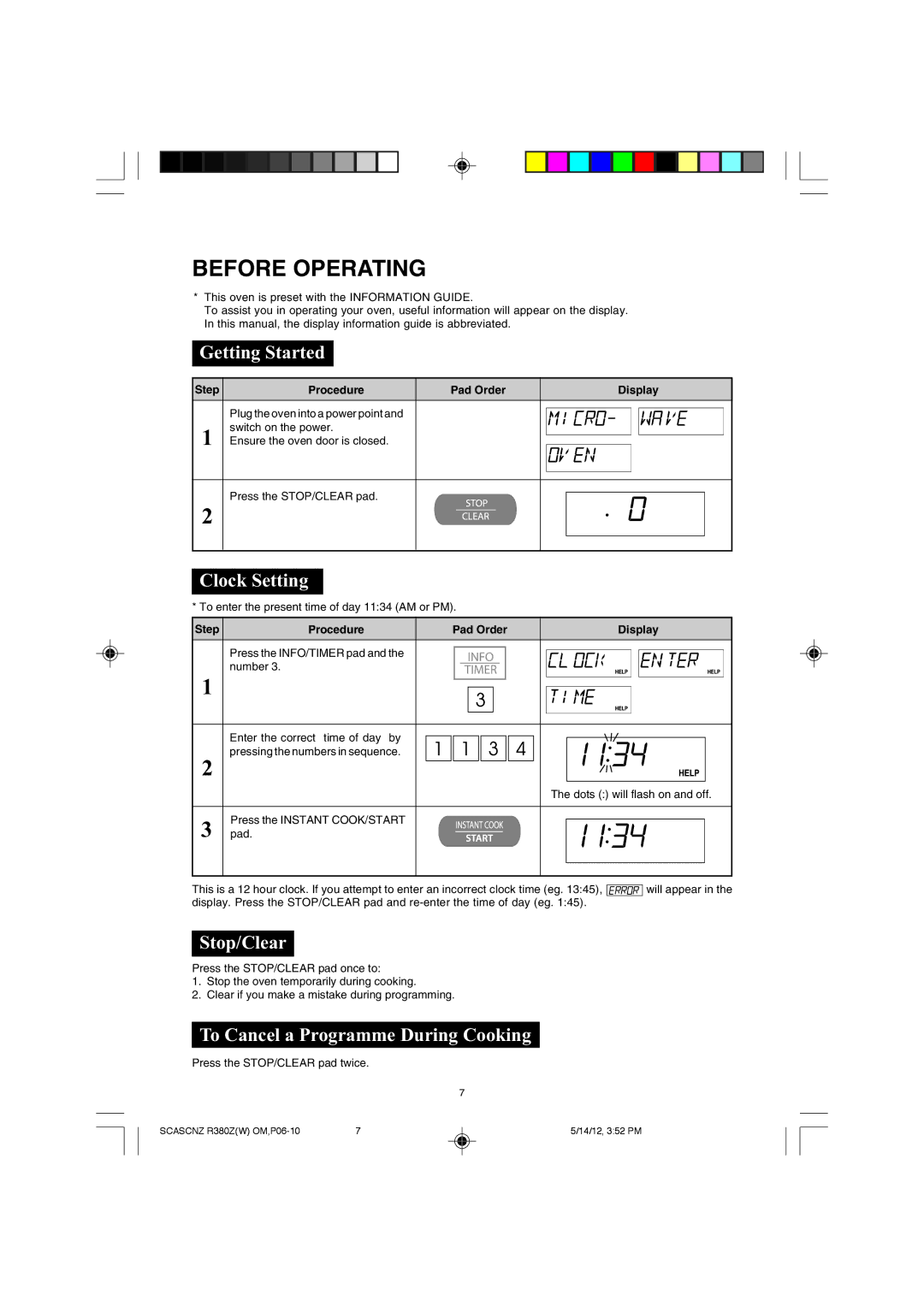 Sharp R-380Z(W) Before Operating, Getting Started, Clock Setting, Stop/Clear, To Cancel a Programme During Cooking 