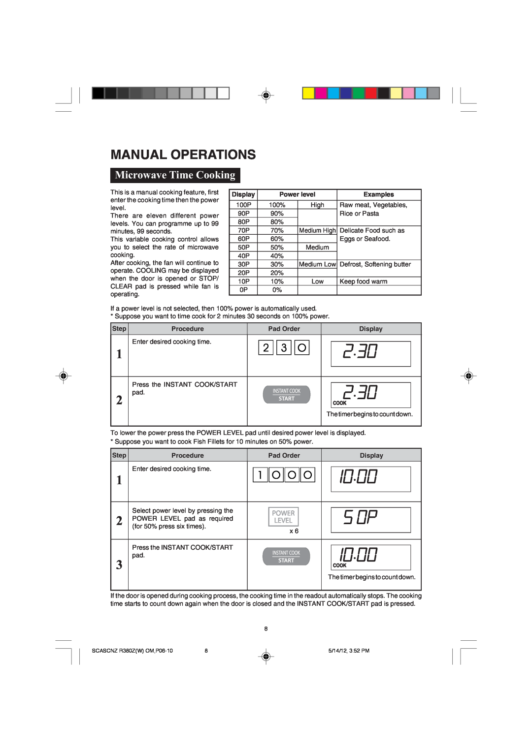 Sharp R-380Z(W) operation manual Manual Operations, Microwave Time Cooking 