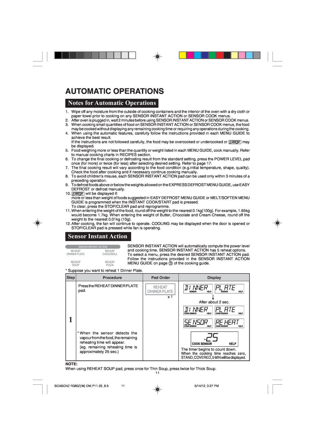Sharp R-380Z(W) operation manual Notes for Automatic Operations, Sensor Instant Action 