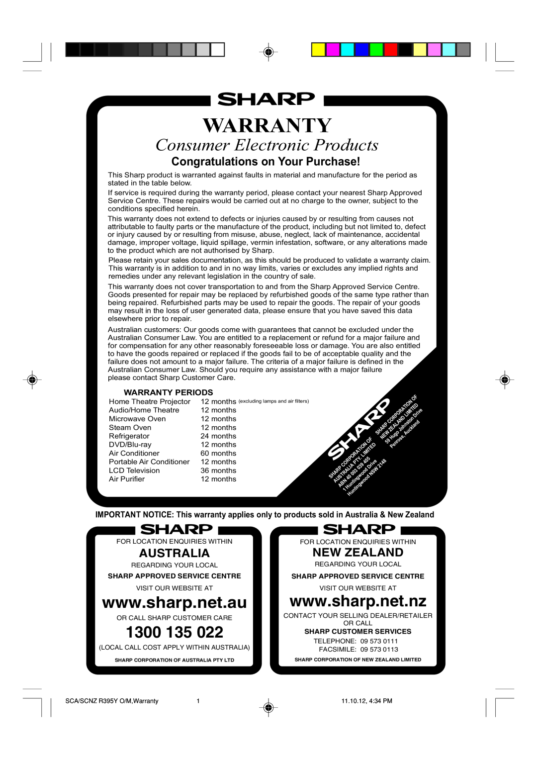 Sharp R-380Z(W) operation manual Consumer Electronic Products, Congratulations on Your Purchase, Warranty Periods 