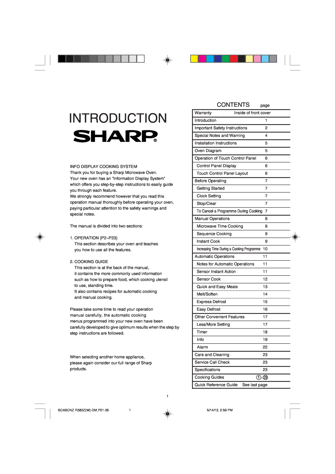 Sharp R-380Z(W) operation manual Introduction, Contents 