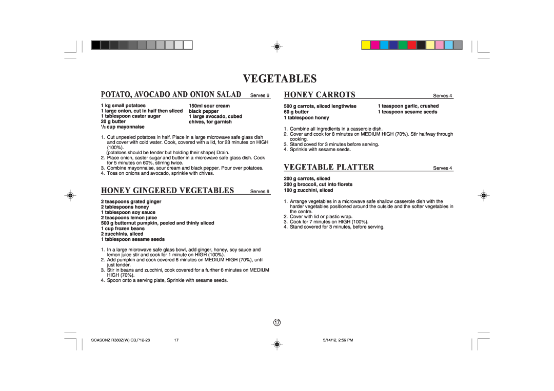 Sharp R-380Z(W) operation manual Vegetables, HONEY GINGERED VEGETABLES Serves, Honey Carrots, Vegetable Platter 