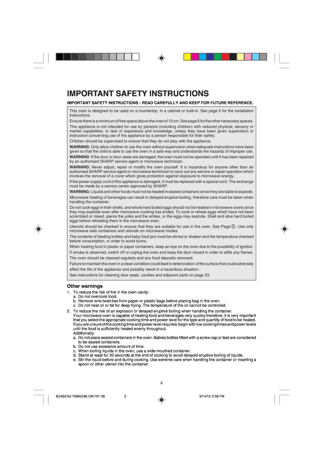 Sharp R-380Z(W) operation manual Important Safety Instructions, Other warnings 