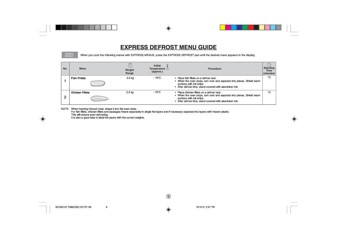 Sharp R-380Z(W) operation manual Express Defrost Menu Guide, Initial, Standing, Procedure, Fish Fillets, Chicken Fillets 