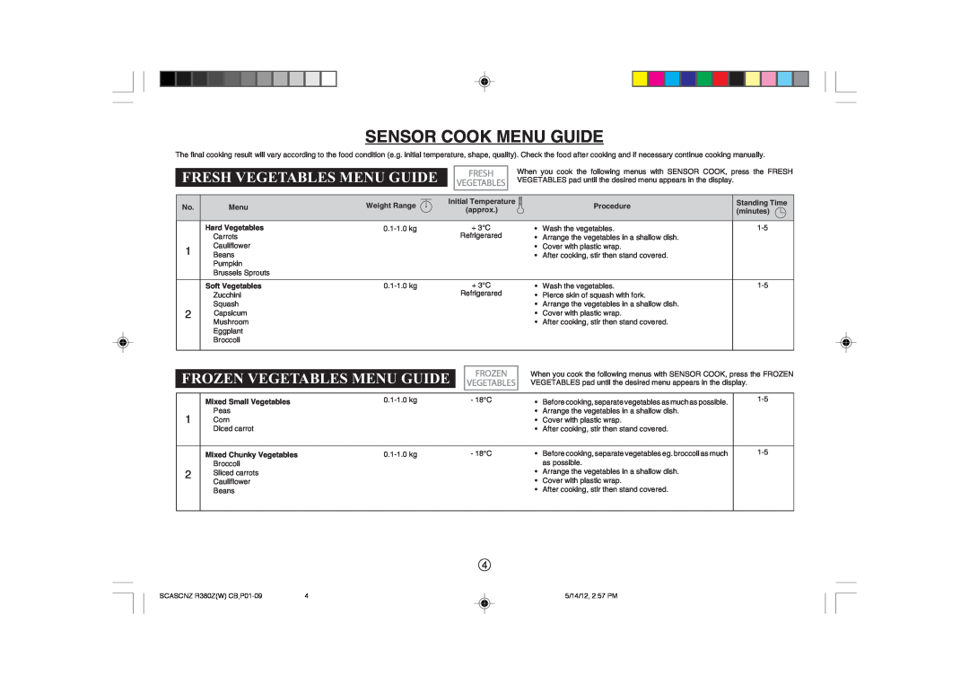 Sharp R-380Z(W) operation manual Sensor Cook Menu Guide, Fresh Vegetables Menu Guide, Frozen Vegetables Menu Guide 