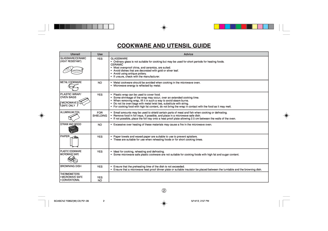 Sharp R-380Z(W) operation manual Cookware And Utensil Guide, Advice 