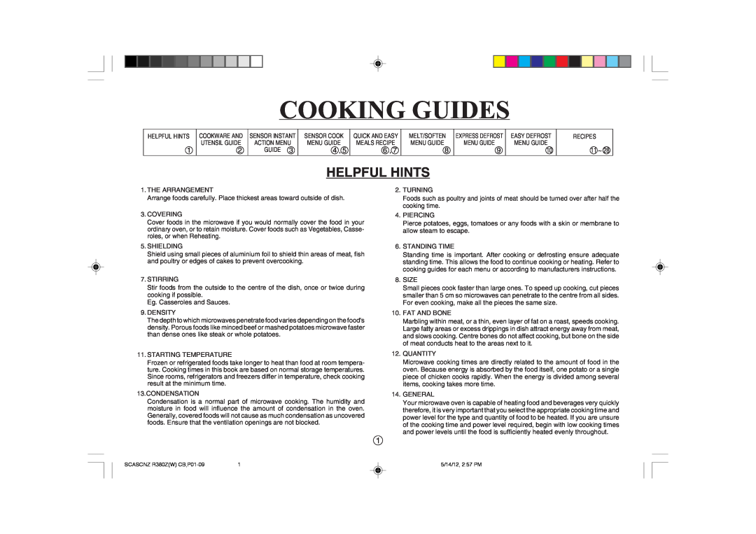 Sharp R-380Z(W) operation manual Helpful Hints, Cooking Guides 