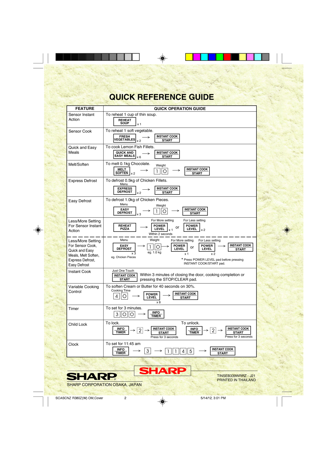 Sharp R-380Z(W) operation manual Quick Reference Guide, Feature, Quick Operation Guide 